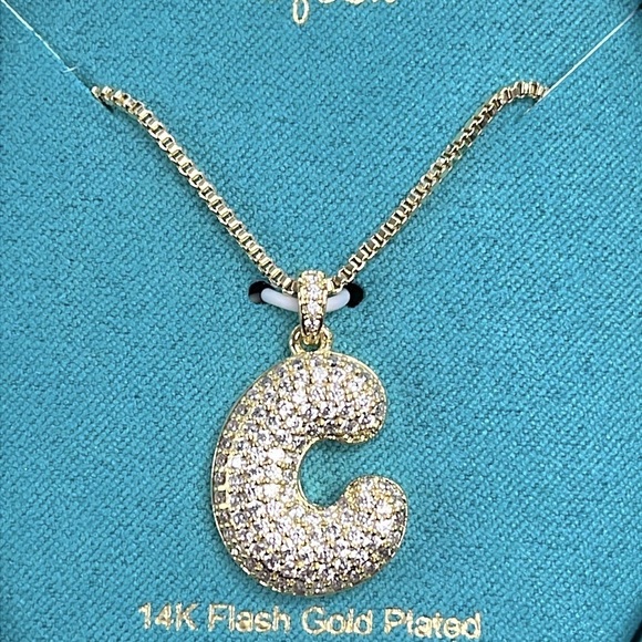 Brand New 14K Gold Plated Necklace Sparkly Rhinestone Bubble Letter Monogram “C” - Picture 4 of 13